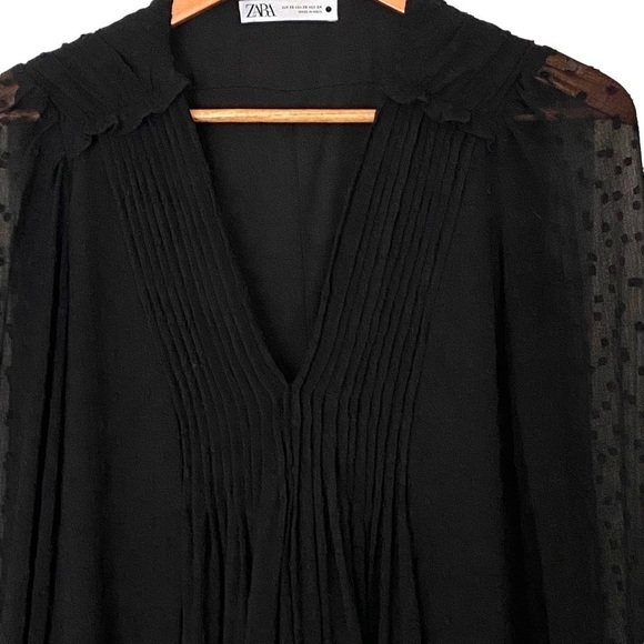 Zara Pleated Black Swiss Dot Sheer Mini Dress, Size X-Small - Picture 5 of 13